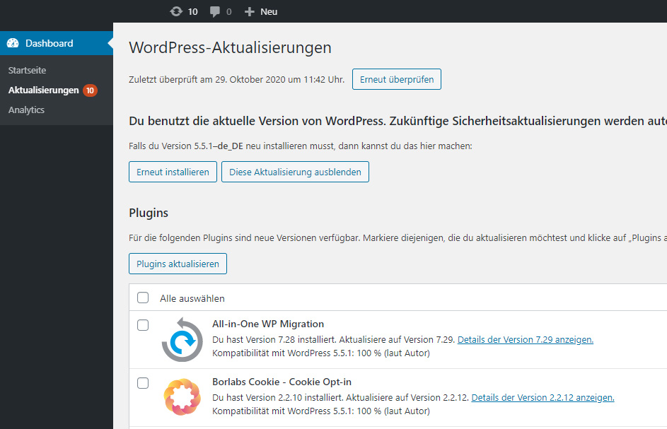 WordPress Update Übersicht Aktualisierungen